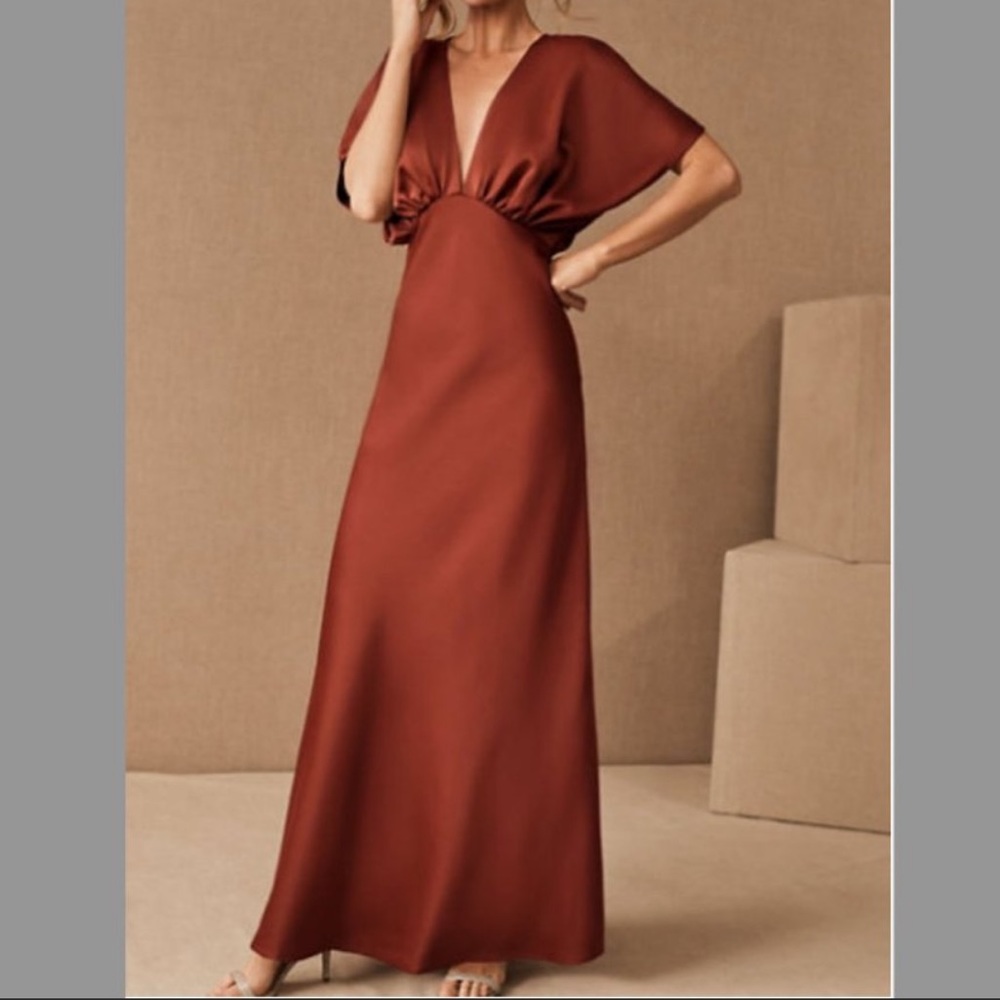 BHLDN Leila Deep-V Flutter-Sleeve Satin Gown (Deep-V sewed 1” for more modesty)